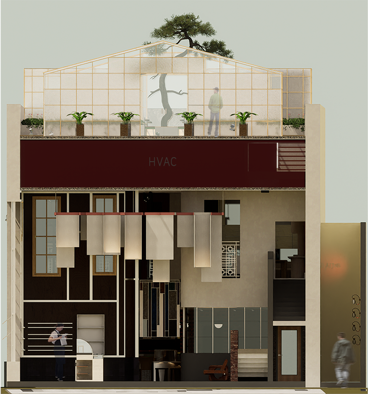 Section cut of the daily market, custom light fixture, and an added rooftop which accentuates the structure of the bank.  