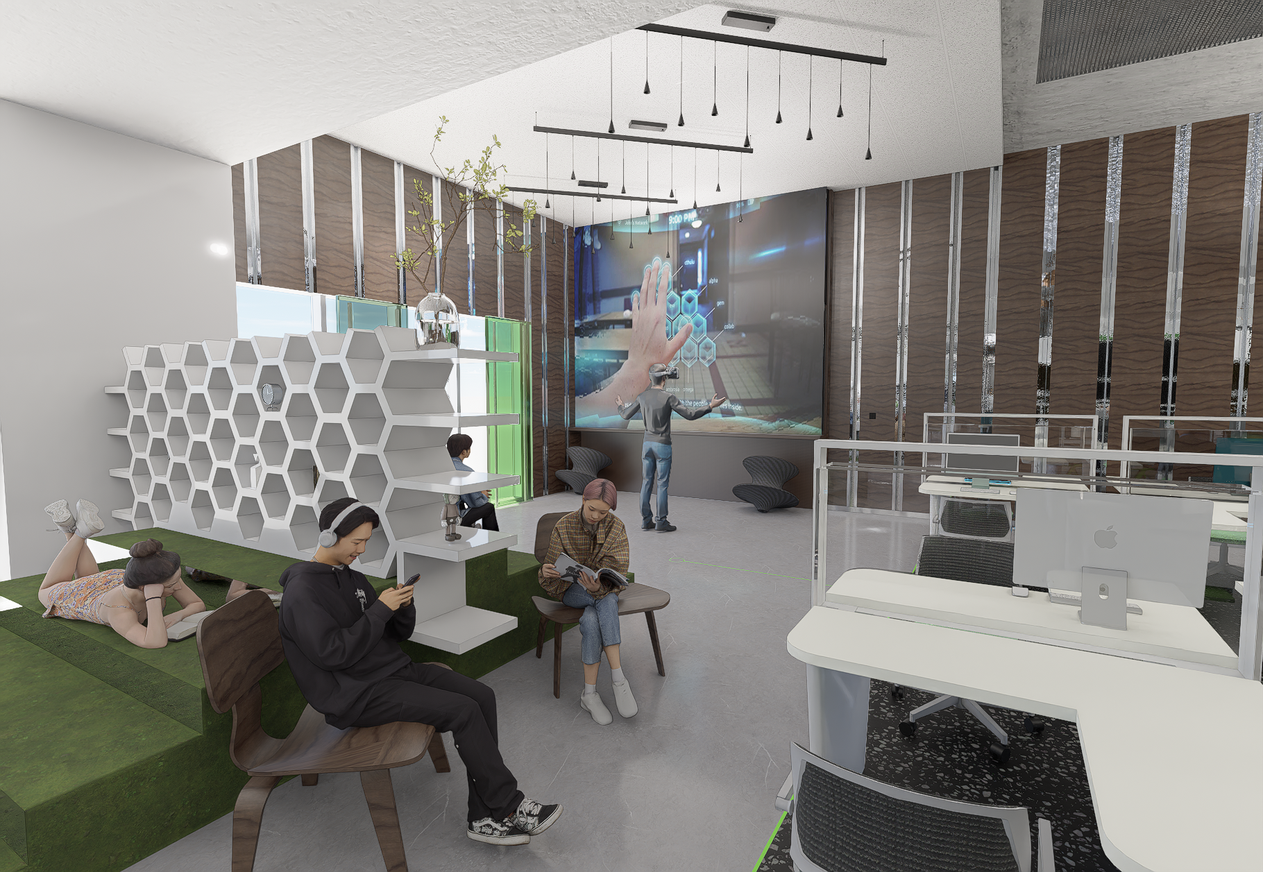 Providing options to step away from work activities such as interactive VR and hedge like seating to trick the eye into thinking they are outdoors in such a dense city that provides little vegetation. 