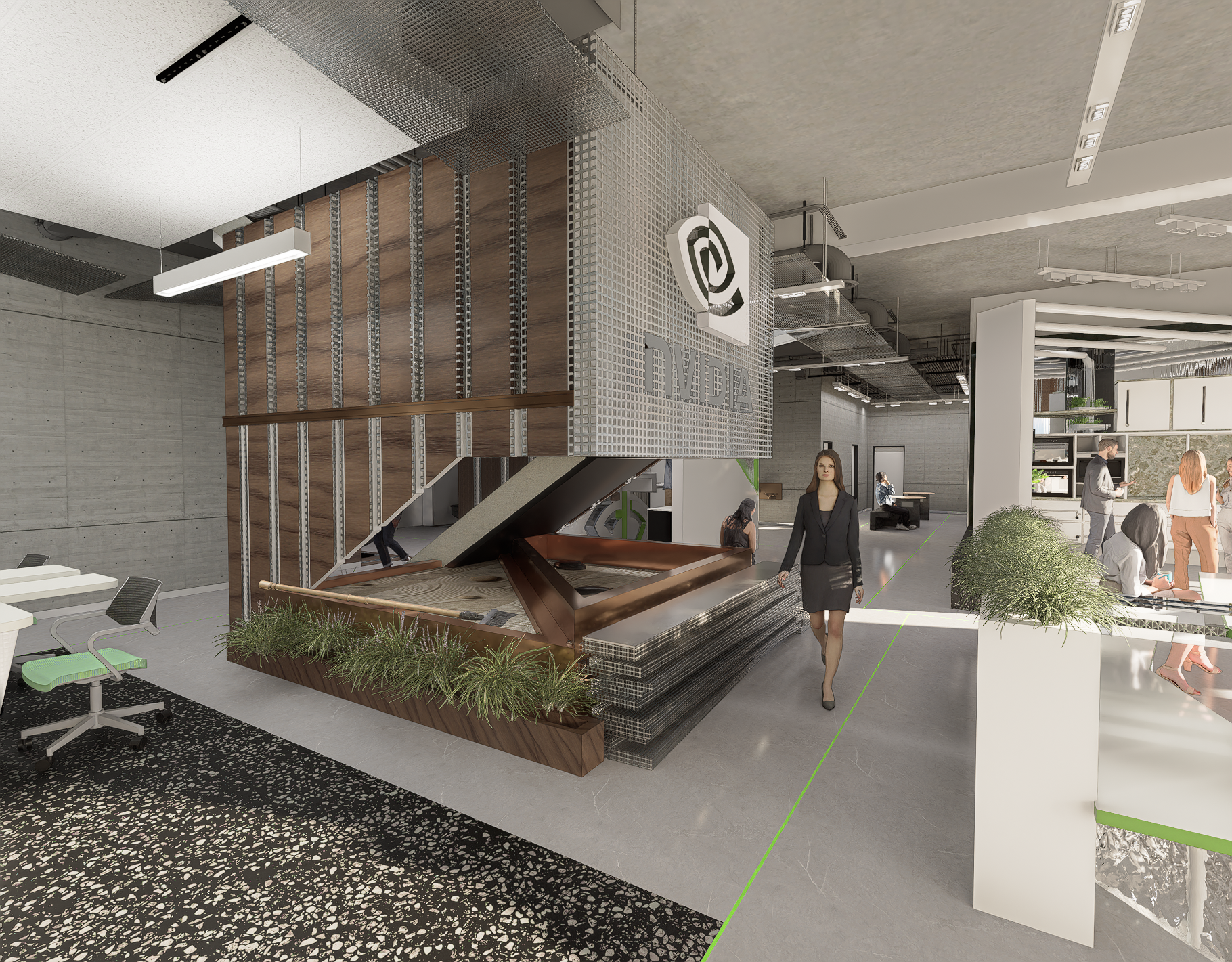 Marking the center of the building and made to look like a computer and its functions, an enclosure around the vertical circulation wrapped with manufactured wood and copper which a computer uses this material within their wiring and cooling systems.