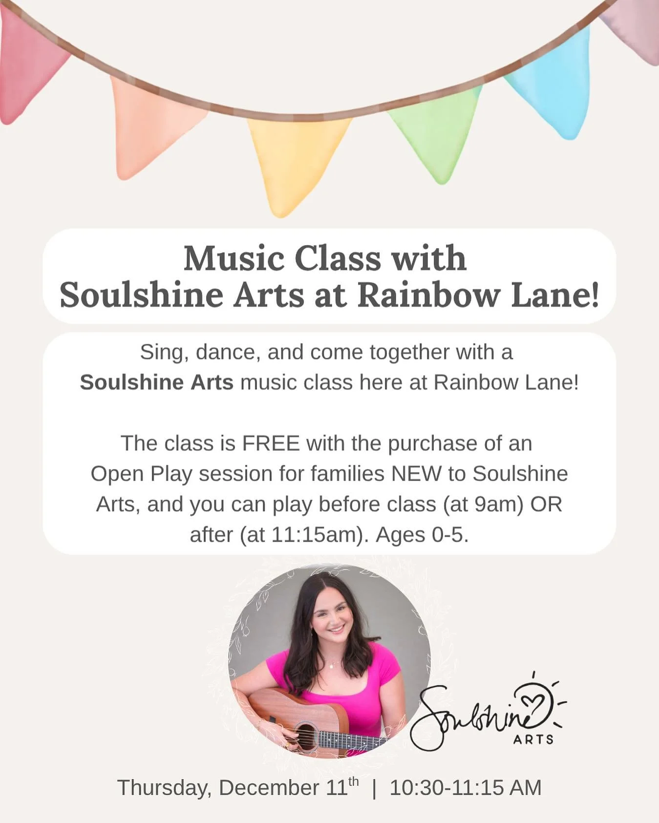 🎶Come to Rainbow Lane Thursday, 12/11 to sing and dance at a special music class with @soulshinearts! 

FREE with the purchase of an Open Play session for any families NEW to Soulshine Arts! Play before OR after music class! 

🎟️ Spots are limited,