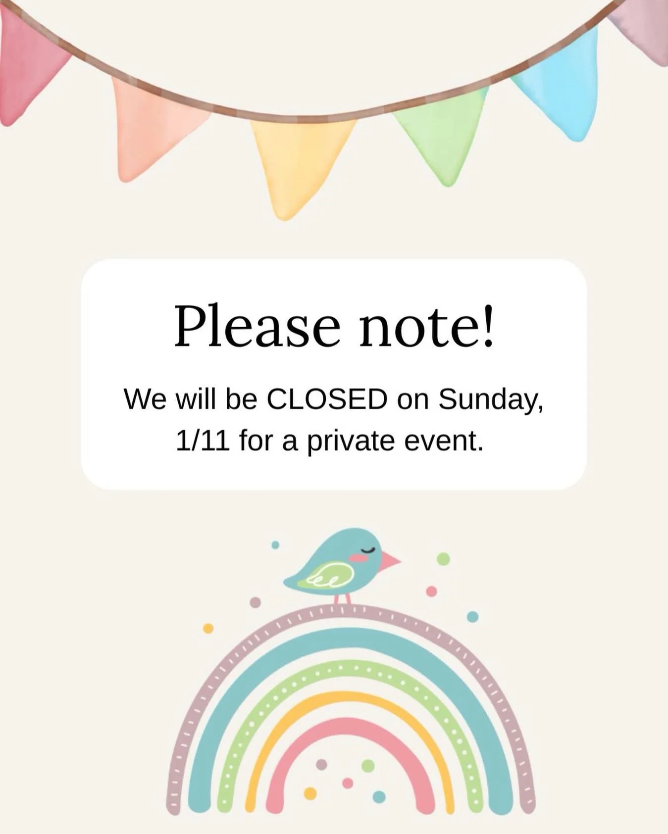 📢Please note! We&rsquo;ll be closed this Sunday, 1/11 for a private event. But don&rsquo;t worry! We&rsquo;re open regular hours between now and then, and we&rsquo;ll be right back on Monday morning! 🌈✨ Apologies for any inconvenience, and we hope 