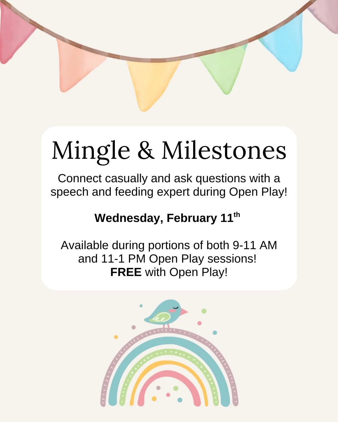 We&rsquo;re adding another event to our birthday week! Join us for Mingle &amp; Milestones, a laid-back opportunity to ask a speech &amp; feeding expert your questions, while your child enjoys Open Play!

✨ Sarah Jordan (Little Monkeys Speech and Fee