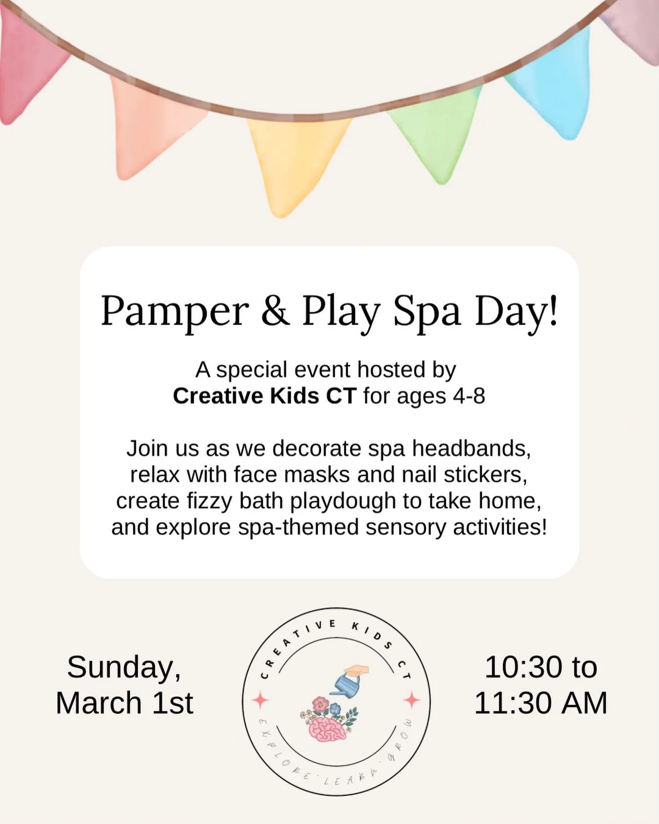 Grab a bestie and sign up today for a Spa Day at Rainbow Lane, hosted by @creativekidsct ✨ Decorate spa headbands, relax with face masks and nail stickers, and create fizzy bath play dough! 💅🏻 Plus spa-themed sensory activities! Open Play is an opt