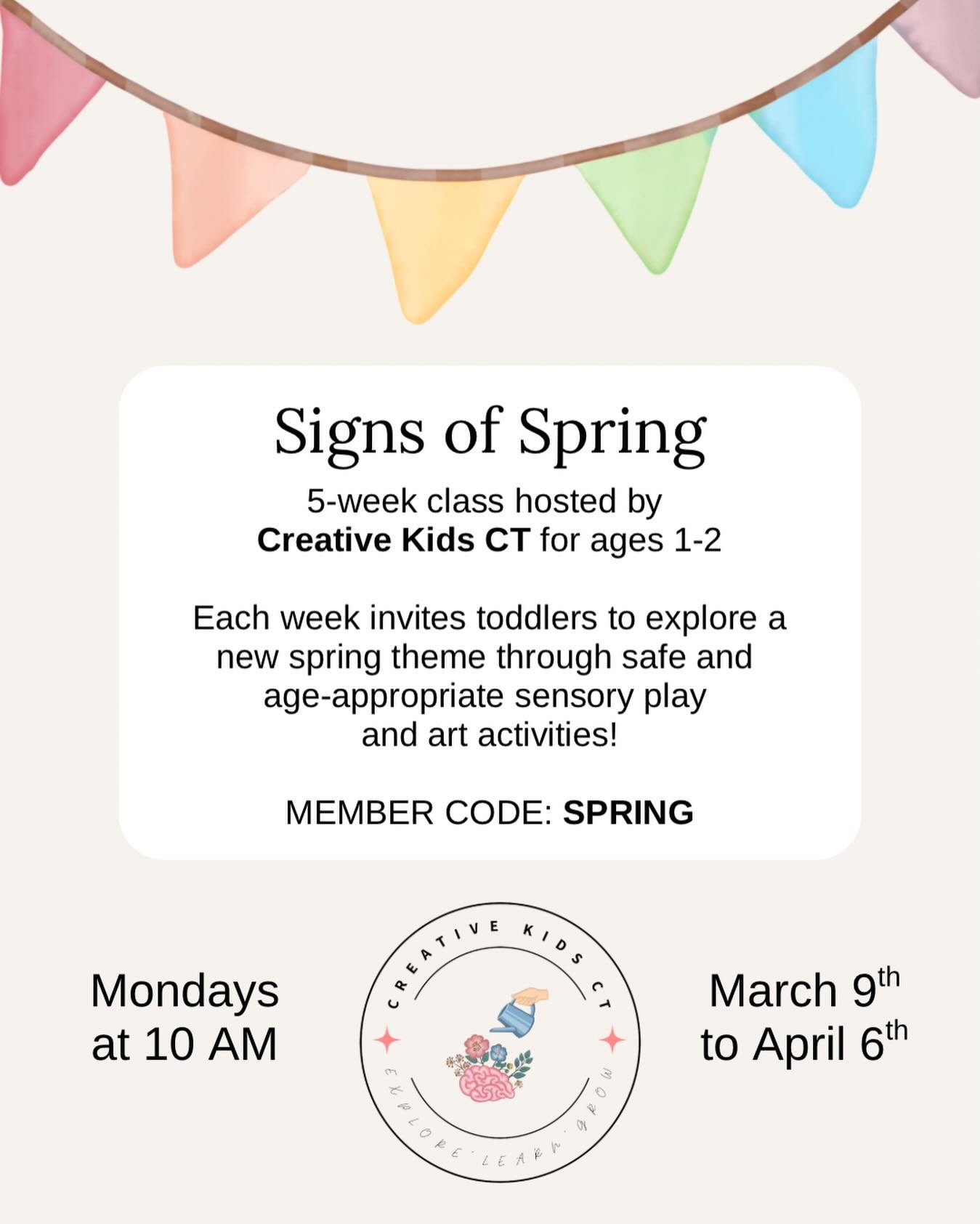 🔔New class alert!

@creativekidsct is coming back to Rainbow Lane to entice springtime with another 5-week toddler class, Signs of Spring! 🌷

1 and 2 year olds will explore spring themes through safe and age appropriate sensory and art activities. 