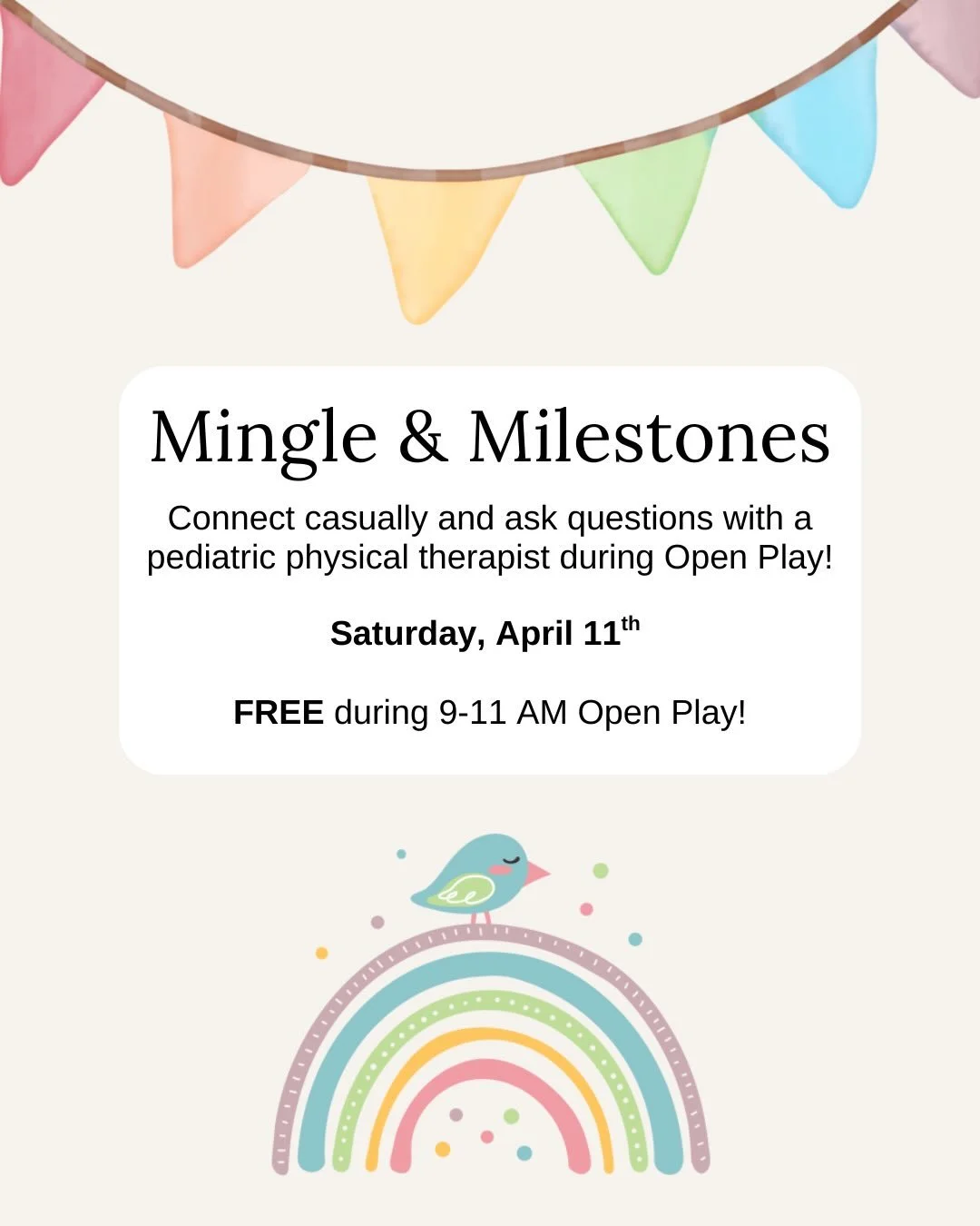 Saturday, Aprill 11th join us during 9-11 AM Open Play for another Mingle &amp; Milestones session, this time featuring Annmarie Charno, PT, DPT at CT Children&rsquo;s.

Annmarie works with patients from birth, with a variety of pediatric diagnoses i
