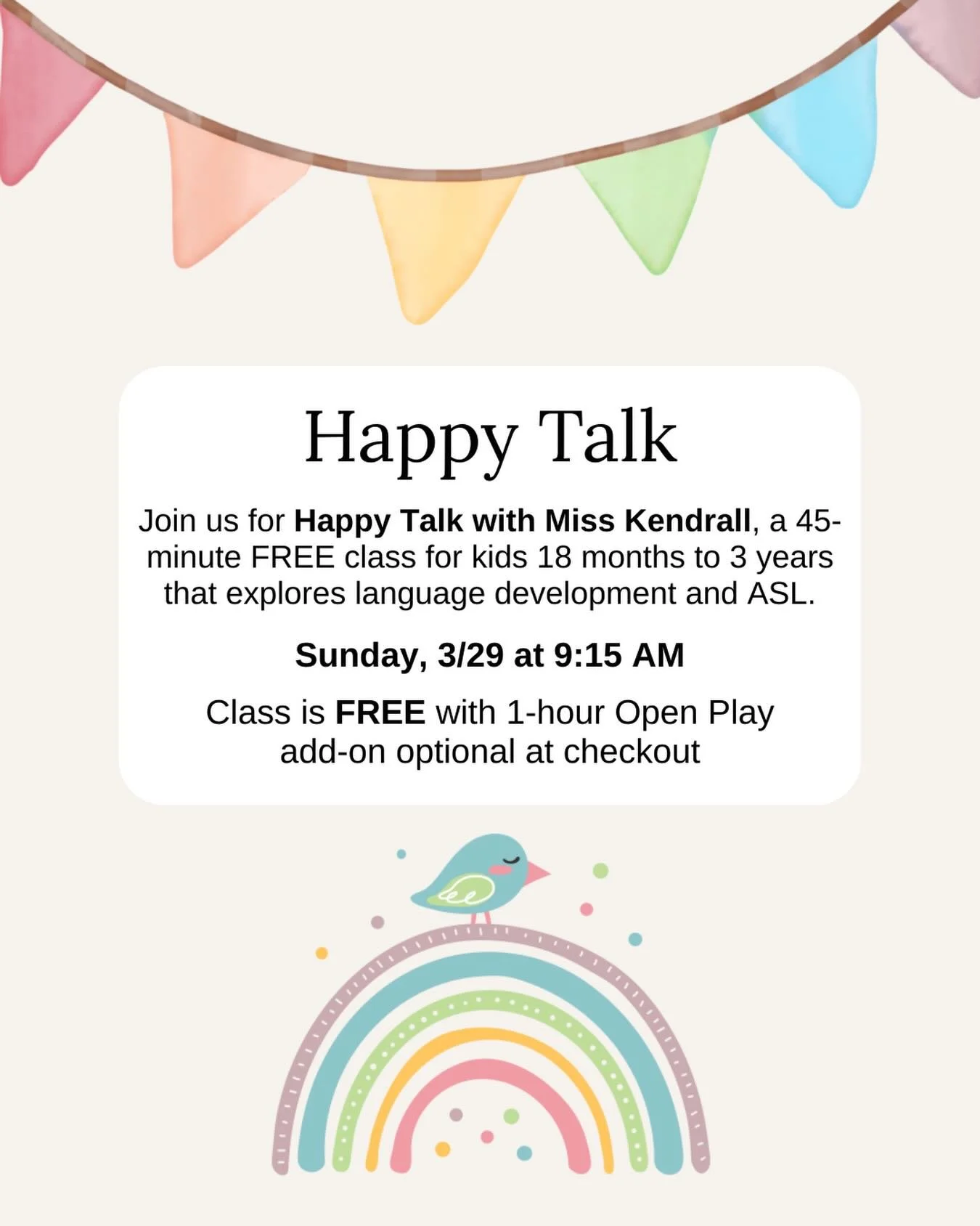 We&rsquo;re so excited to partner with @happytalkwithmisskendrall for this completely free class for children 18 months to 3 years. Spots are very limited in this small class to ensure individual attention for each child. Open play is an optional add
