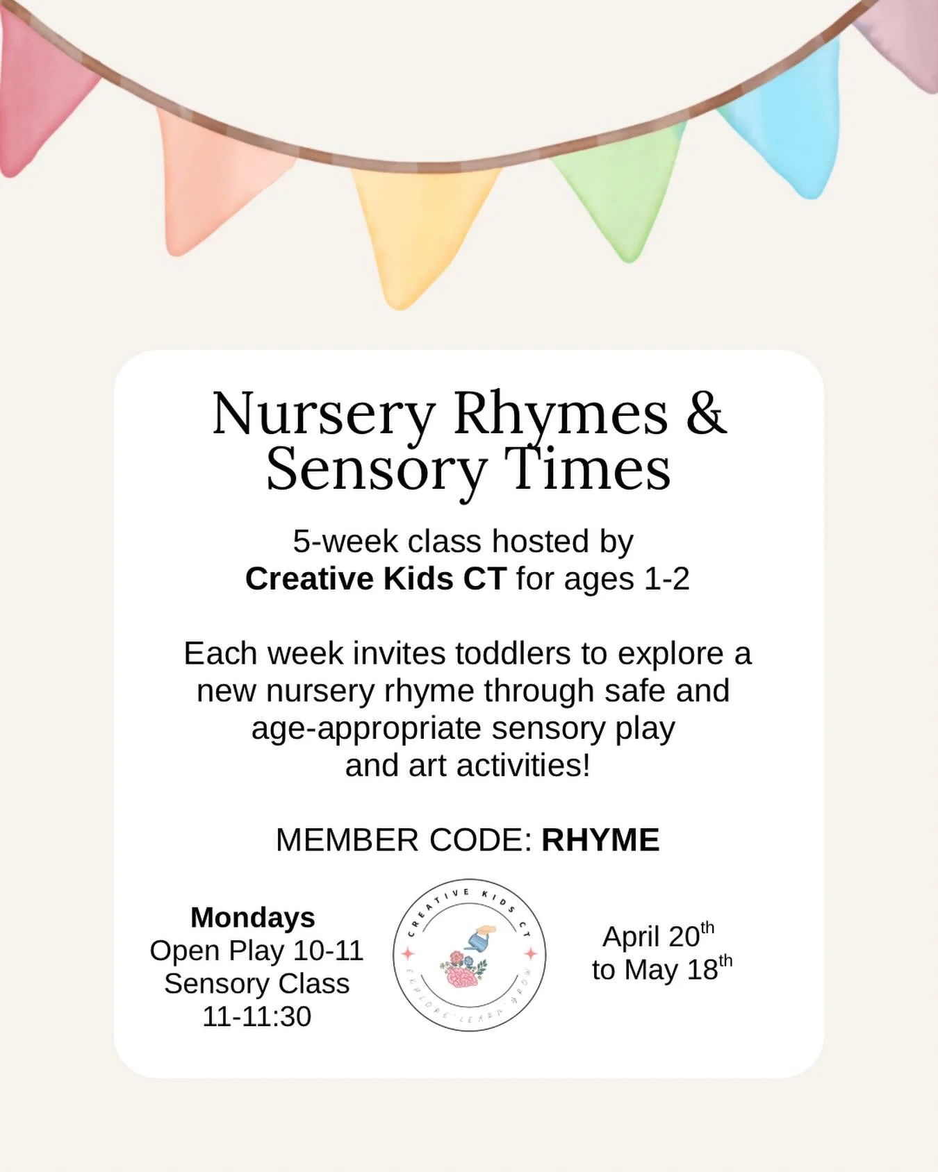 Our next sensory class with @creativekidsct starts next Monday! Join us for a 5-week session based on nursery rhyme themes. This time we&rsquo;ll start with Open Play from 10-11 and finish in our Sensory Room! Can&rsquo;t wait to see you there! Sign 