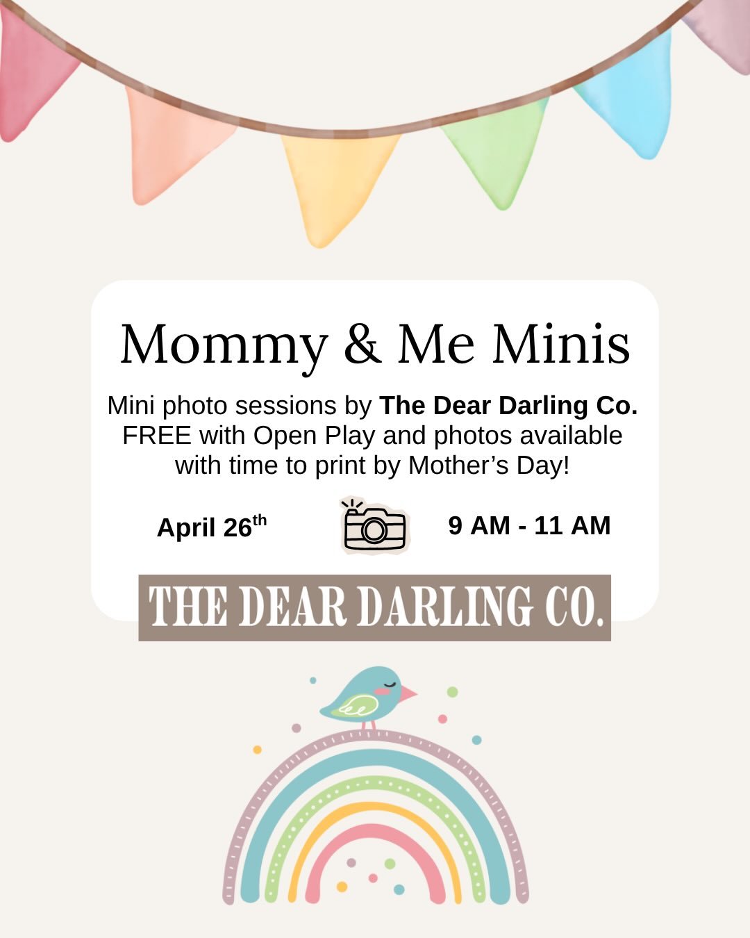 Don&rsquo;t forget to sign up for Open Play this Sunday, 9-11 AM! @thedeardarlingct is doing FREE mini Mommy &amp; Me photo sessions! Digital photos will be available for purchase online in time to print for Mother&rsquo;s Day! 📸✨🌷