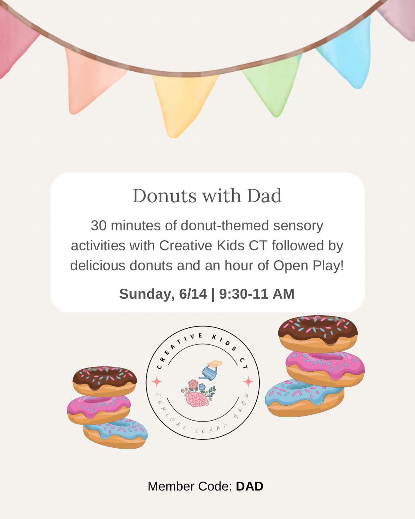 🍩Delicious donuts with dad!🍩 (Or any caregiver!) Join @creativekidsct at Rainbow Lane for a fun-filled sensory class and a delicious donut, followed by an hour of Open Play! 🌈✨ A great way to play, connect, and get out of the house for a truly swe