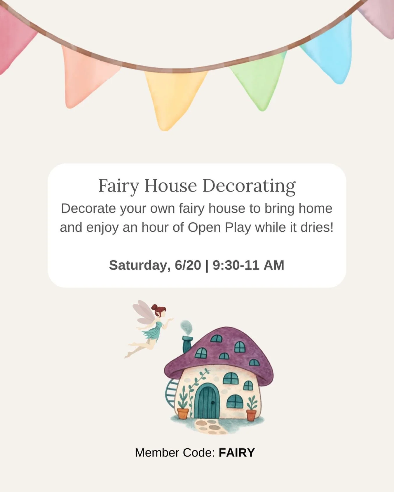 🧚&zwj;♀️Come decorate your very own fairy house at Rainbow Lane! 30 minutes for decorating and an hour of Open Play are included! Bring your fairy house home as a special keepsake ✨