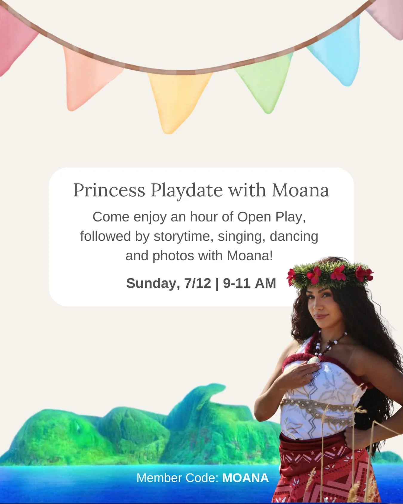 Make way! Moana is coming to Rainbow Lane for our next Princess Playdate on July 12th! 🏝️ Open Play from 9-10 and storytime, singing, dancing, and photos with Moana from 10-11! Spots are limited so grab yours! 🌈✨ myrainbowlane.com/events