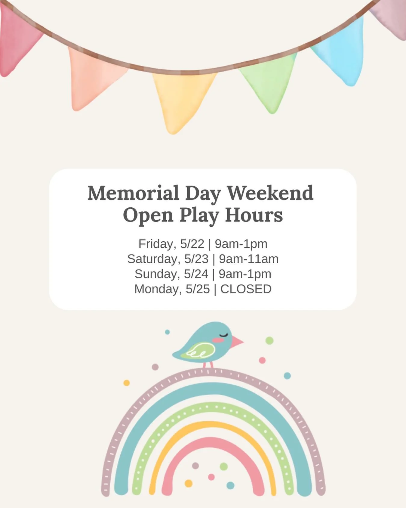 Memorial Day weekend is coming up, so check out Rainbow Lane&rsquo;s holiday weekend hours before you visit! We can&rsquo;t wait to see you! 🌈✨
