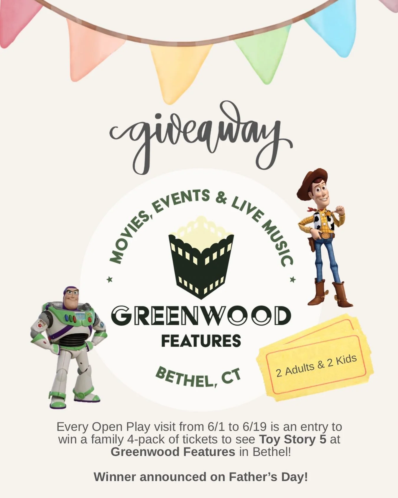 We&rsquo;re so excited to announce our Father&rsquo;s Day giveaway in partnership with @greenwoodfeatures in Bethel! 🎟️

Any Open Play reservation between 6/1 and 6/19 will be an entry for a family 4-pack of tickets to see Toy Story 5!

2 adults and