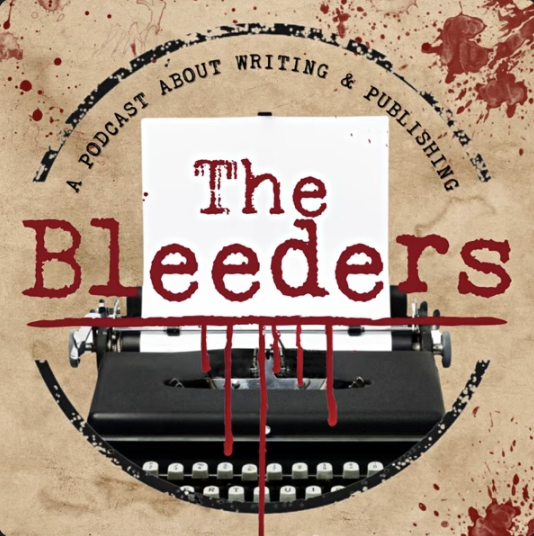 Thumbnail for a podcast titled 'The Bleeders,' with a vintage typewriter and blood splatters, emphasizing writing and publishing themes.