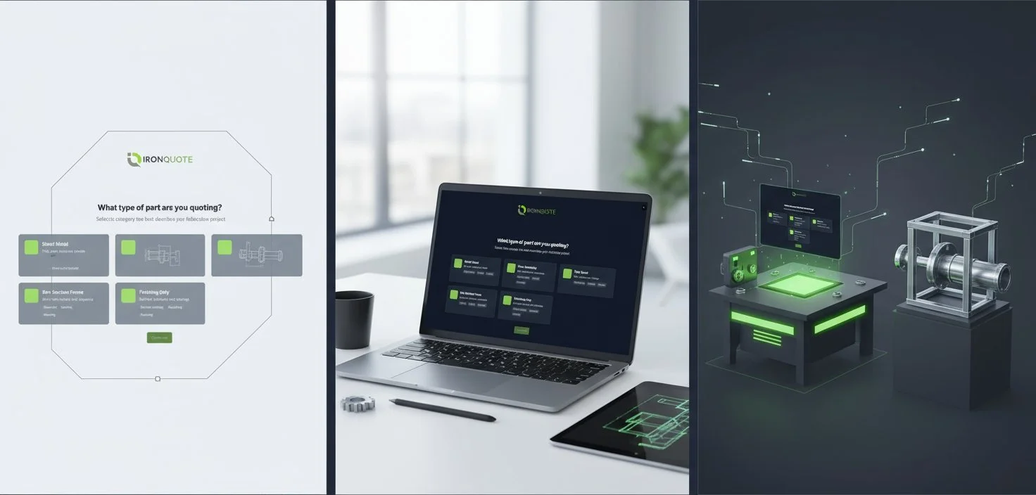 Split image showing a user interface on the left, a laptop and a tablet in the middle, and a 3D model of a machine part on the right.