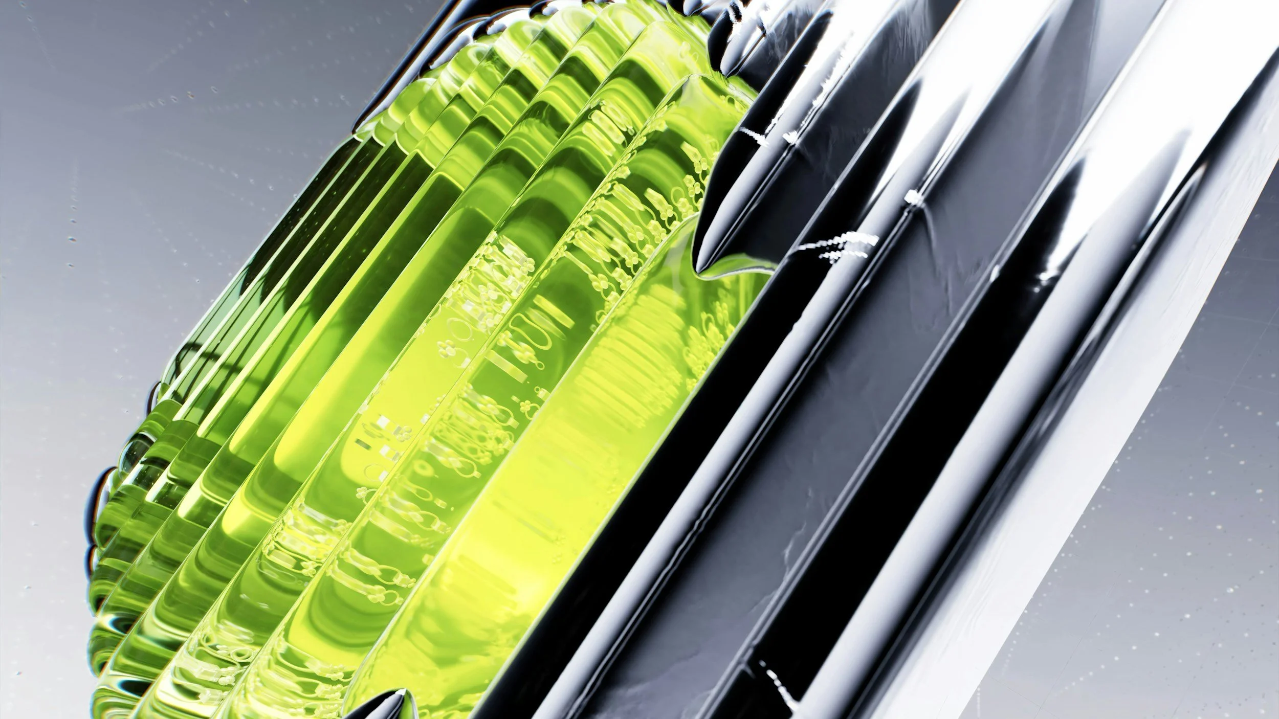 Close-up view of a row of glowing green and black razor blades arranged in a diagonal line on a reflective surface.