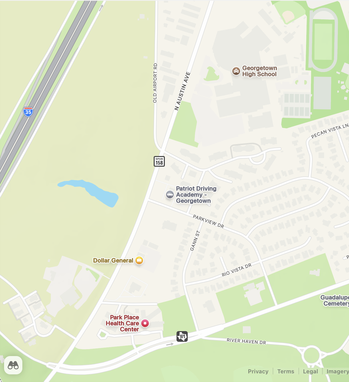 Map showing the area around Georgetown, Texas, including Georgetown High School, Patriot Driving Academy, Dollar General, and Park Place Health Care Center, with roads and a small pond.