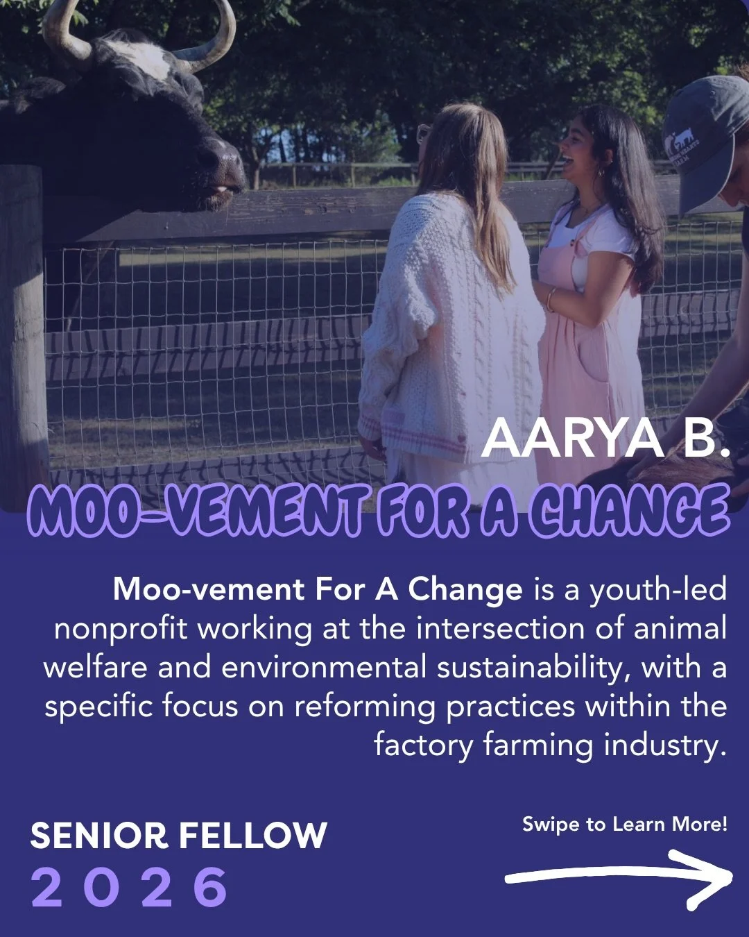 Moo-vement For A Change, founded by Aarya B., is a youth-led nonprofit working at the intersection of animal welfare and environmental sustainability, with a specific focus on reforming practices within the factory farming industry. It began from Aar