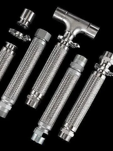 Set of metal water filters with mesh screens and a T-shaped connector, arranged on a black background.