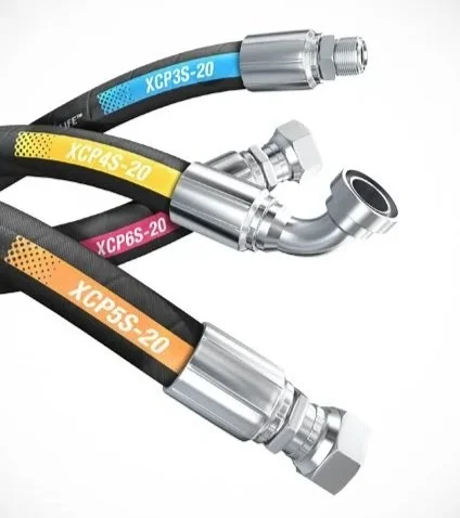 Three hydraulic hoses with metal fittings, colored blue, yellow, pink, and orange, labeled XCP3S-20, XCP4S-20, XCP6S-20, and XCP8S-20.