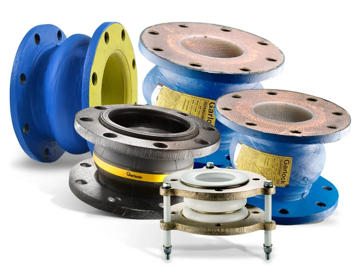 Various industrial pipe flanges and a pipe connector with a gasket and bolts.