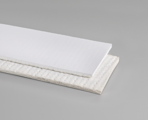 Two rectangular white panels stacked on a gray surface, with one panel having a textured surface.