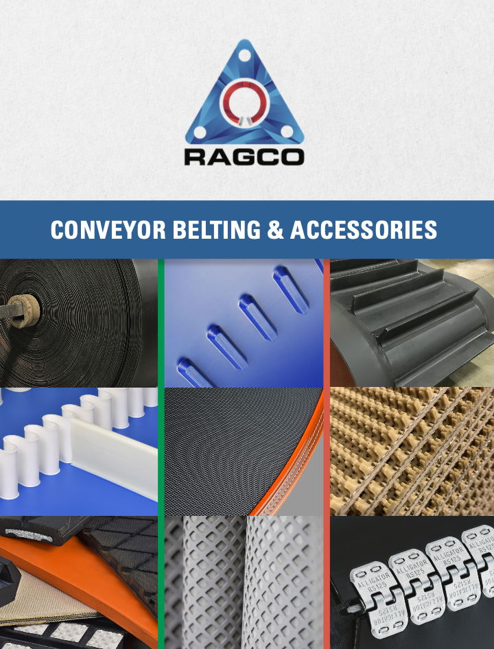 Collage of conveyor belting and accessories with Ragco logo at the top. Includes images of various materials and textures used in conveyor systems.