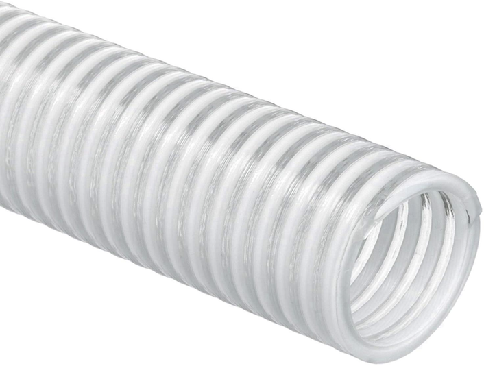 Close-up of a clear, flexible PVC suction hose with a ribbed design.