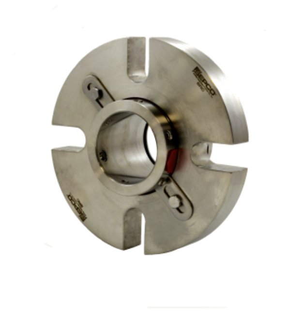 Stainless steel mechanical part with a central hole and four open slots.
