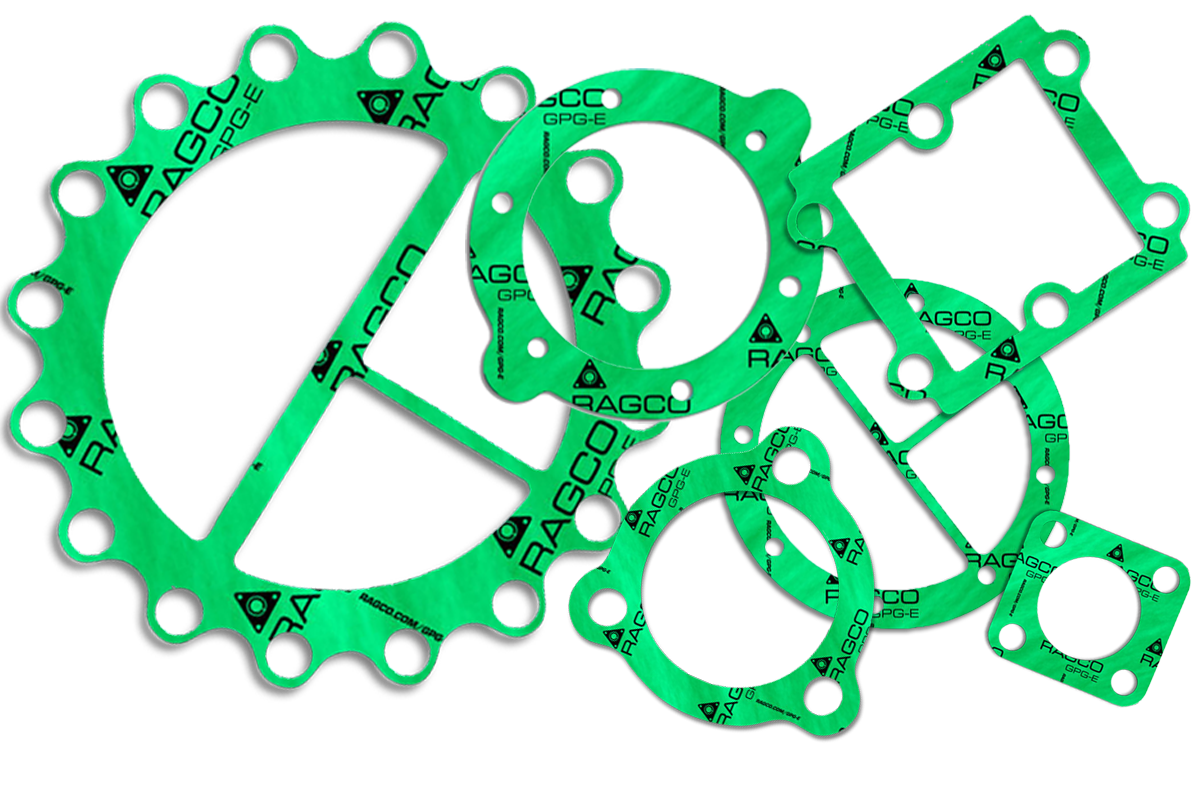 Assorted green gaskets with RAGCO branding and various shapes.