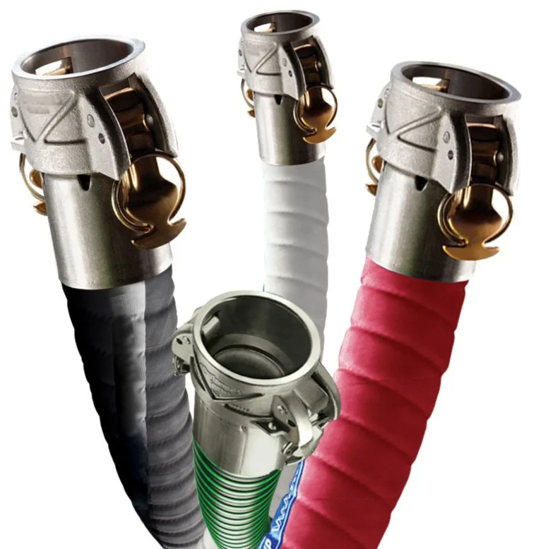 Industrial hoses with metal camlock fittings in various colors including black, white, red, and green.