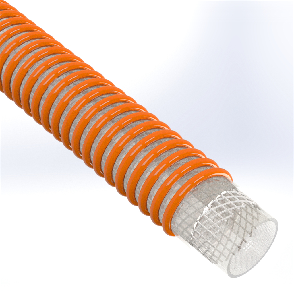 Close-up view of a flexible, coiled orange hose with a mesh-reinforced interior.