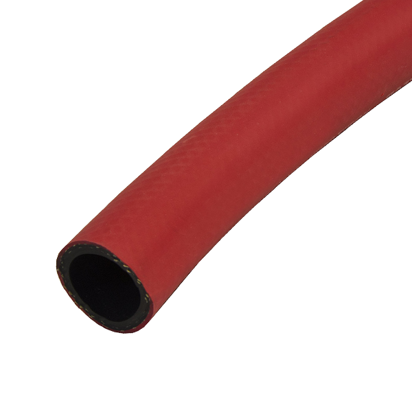 Red rubber hose with a black interior, curved slightly to the right.