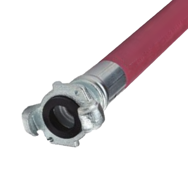 Close-up of a red industrial hose with a metal connector