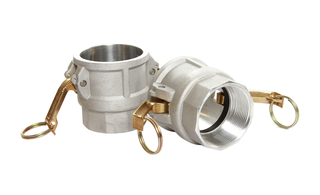 Two metallic camlock couplings with brass locking arms, isolated on a white background.