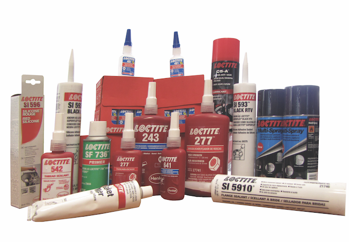Collection of various Loctite adhesive products including sealants, threadlockers, and primers in tubes and bottles.
