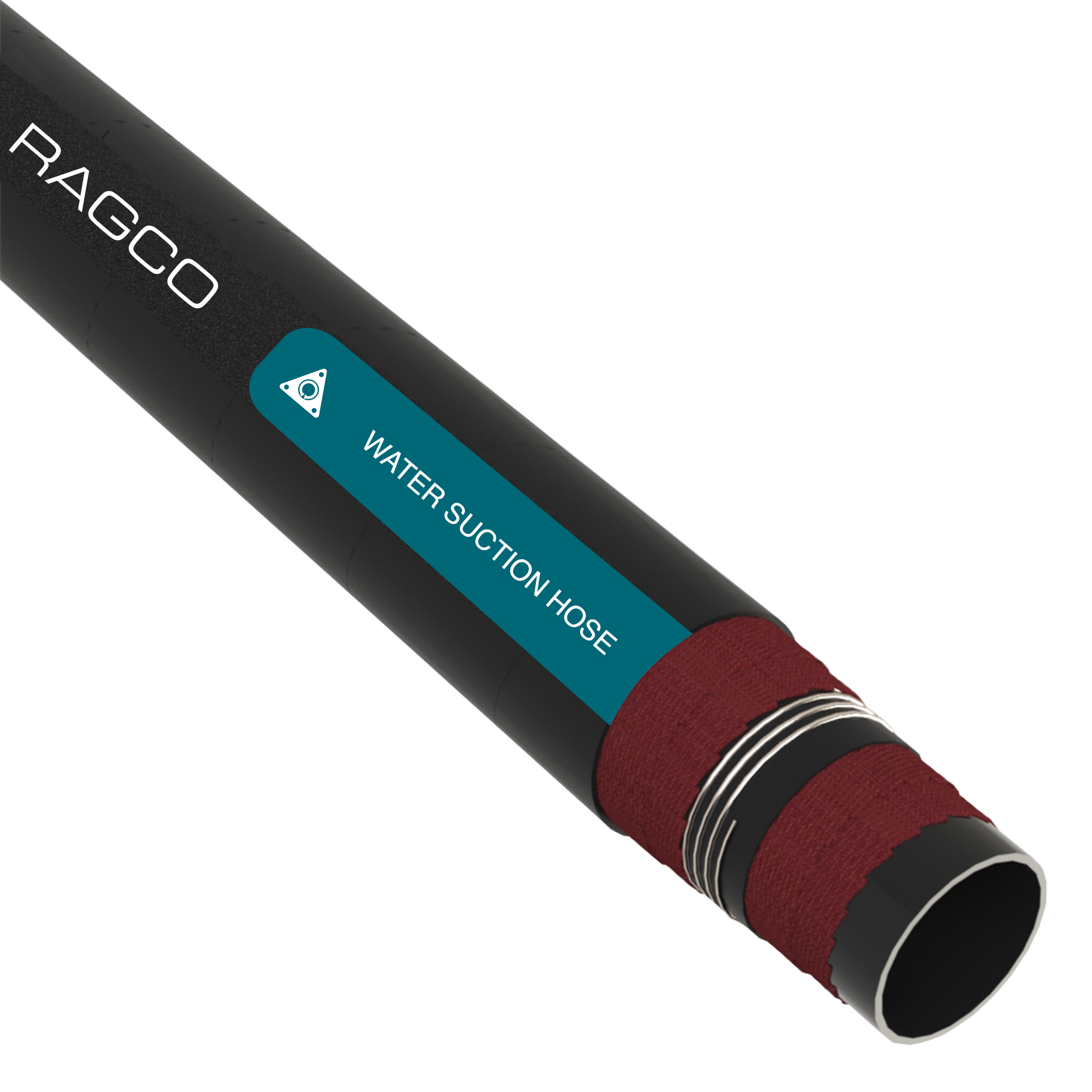 Black water suction hose with Ragco branding and teal label.