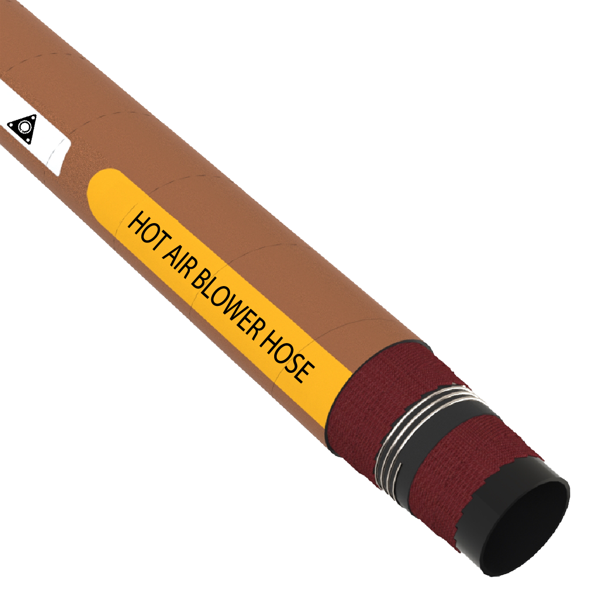 A brown hot air blower hose with a yellow label.