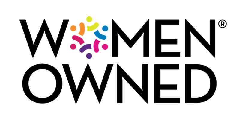 Logo with the text 'Women Owned' in black letters, featuring a colorful circular design between the words.