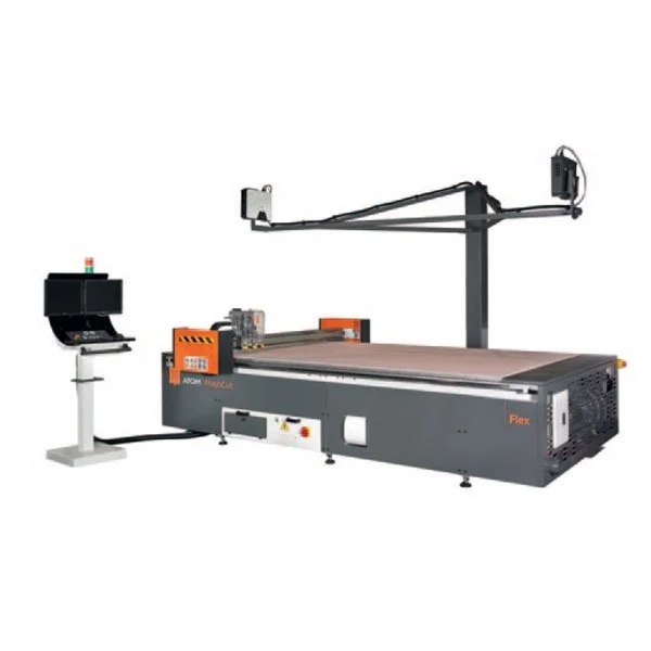 Atom Flash Cutter - large industrial robotic machine with a flat work surface and robotic arm, used for manufacturing or automation processes.