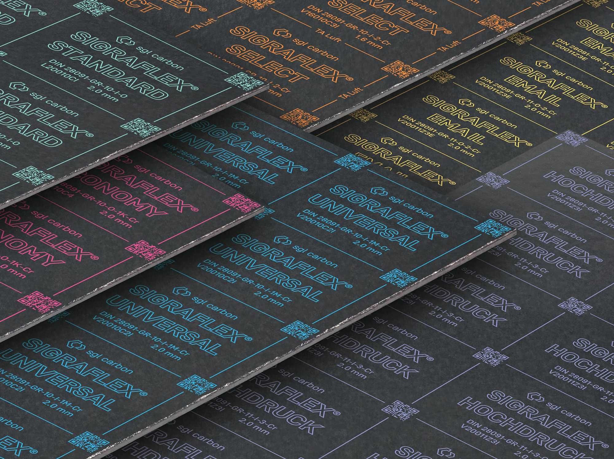 Multiple sheets of SIGRAFLEX branded industrial sealing materials in various colors including black, blue, yellow, pink, and purple, laying overlapped on a surface.