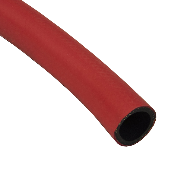 Red cylindrical object, likely a pipe or tube, with a black interior, lying on a white surface.