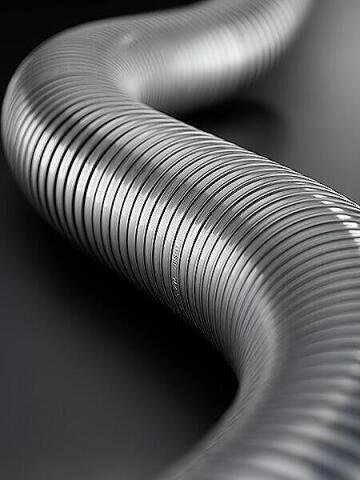 Close-up of a metallic, spiral-shaped duct or pipe with a shiny surface and ridges.
