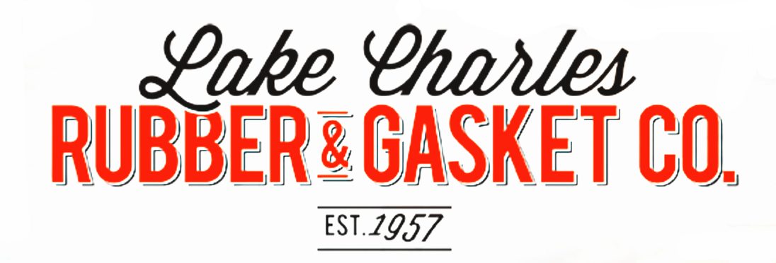 Logo for Lake Charles Rubber & Gasket Co., established 1957, with black cursive and red bold text.