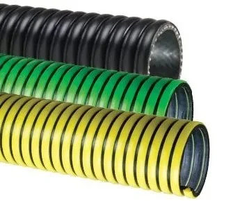 Three flexible corrugated hoses in black, green, and yellow colors.
