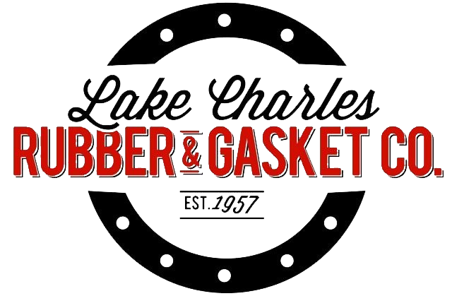 Logo for Lake Charles Rubber & Gasket Co., established in 1957, featuring a circular border with bolt holes and stylized text.