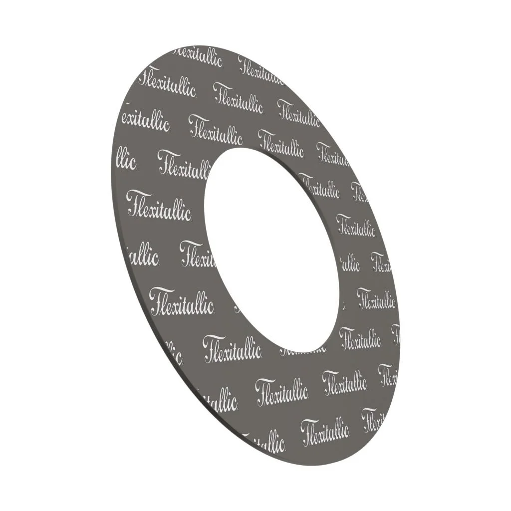 A 3D ring-shaped object with a pattern of repeated text 'Flexitallic' on its surface.