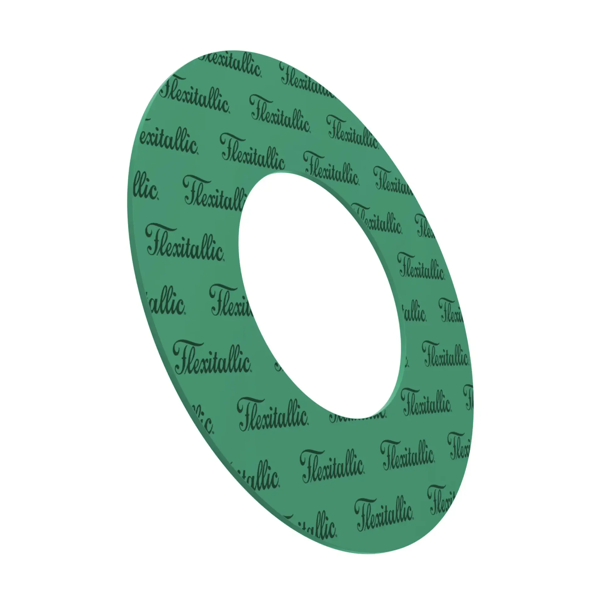A three-dimensional green letter 'O' with the word 'Flexitallic' repeated in a script font across its surface.