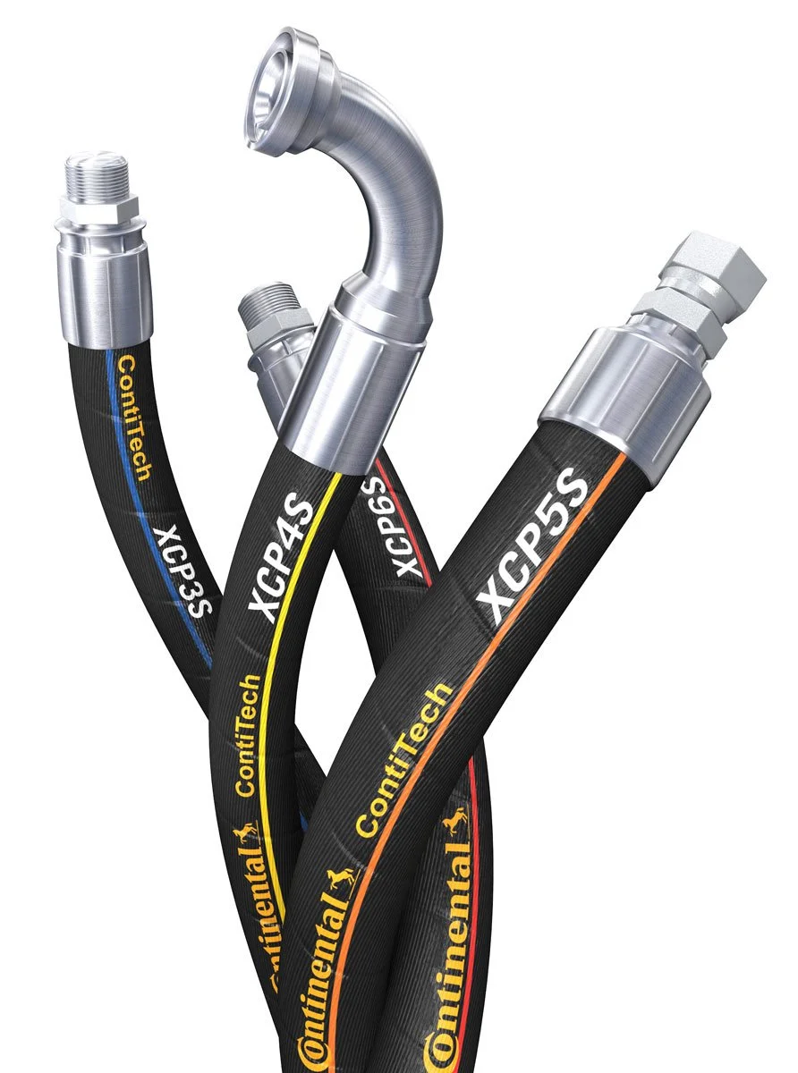 Three high-pressure hydraulic hoses with metal fittings, labeled ContiTech Continental XCP35, XCP45, and XCP55.