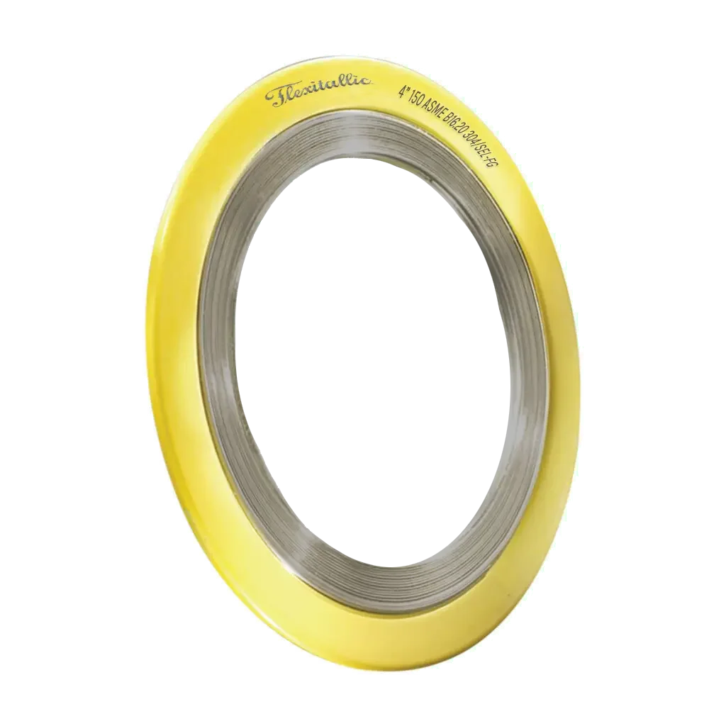 A roll of yellow adhesive tape with grey backing, labeled 'Flexitallic' and specifications printed on it.